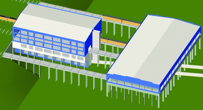 Здание вагоноопрокидывателей 1 и 2 очереди строительства и здание трансбордера Здание вагоноопрокидывателей 1 и 2 очереди строительства и здание трансбордера